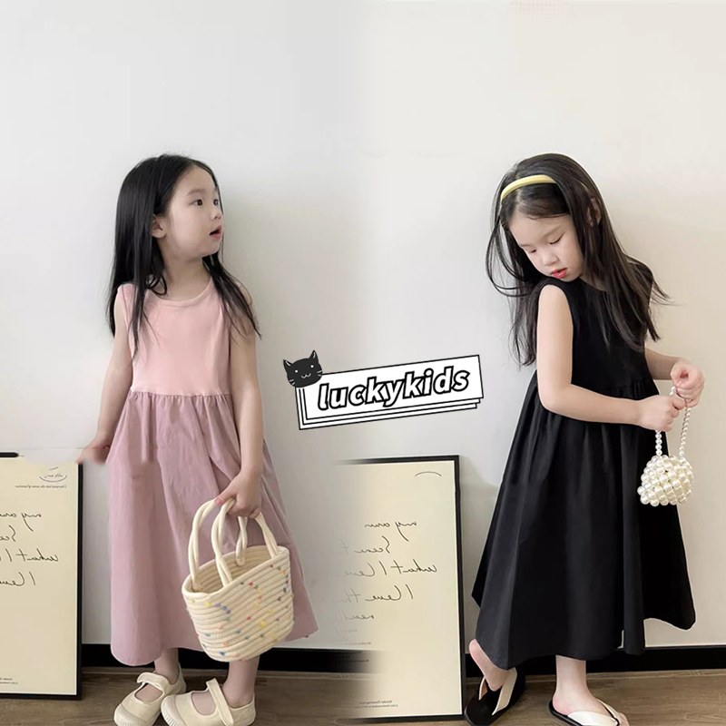 Ngọt ngào bé gái màu rắn váy không tay mùa hè trẻ em cô gái cotton sundress