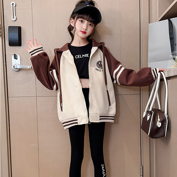 Áo Khoác Bóng Chày Có Nón Phối Khóa Kéo In Hình Mặt Cười Thời Trang Xuân Thu Cho Bé Gái 3-14 Tuổi