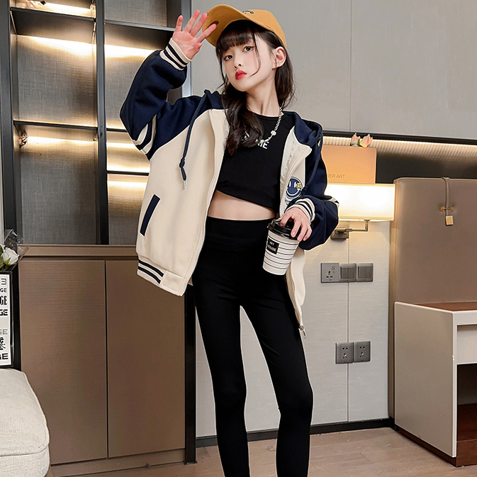 Áo Khoác Bóng Chày Có Nón Phối Khóa Kéo In Hình Mặt Cười Thời Trang Xuân Thu Cho Bé Gái 3-14 Tuổi