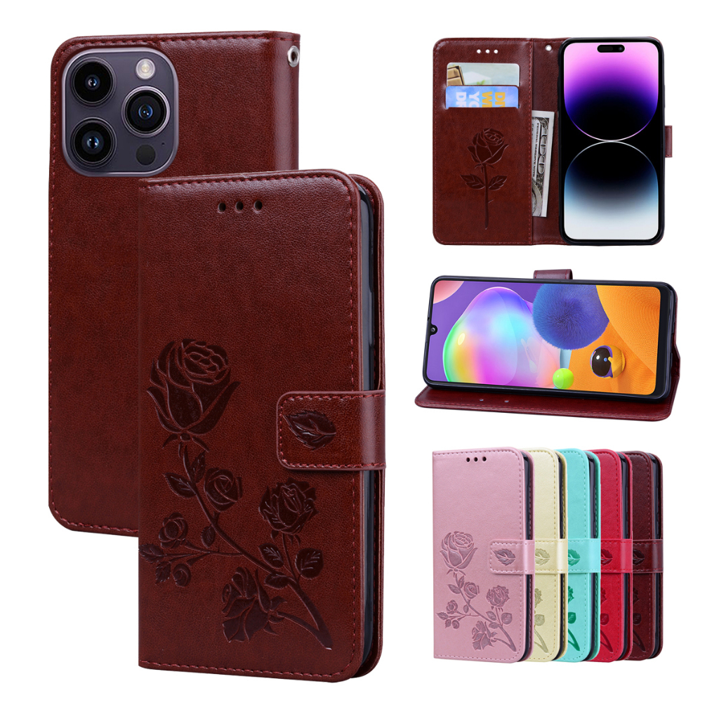 Rose flower wallet flip case cho samsung galaxy a22 m32 4g a12 m12 a03 core a03 a02 a03s a02s a01 core a20s chủ thẻ sách bao da ví flip cover