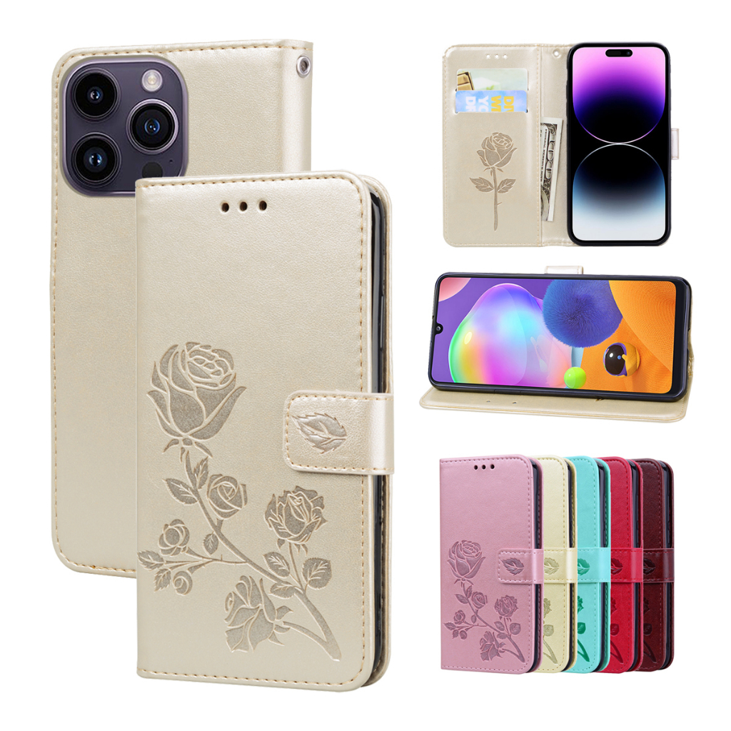 Rose flower wallet flip case cho samsung galaxy a71 a51 4g 5g a41 a31 a21 a21s a11 m11 a2 core card holder book leather case wallet flip cover
