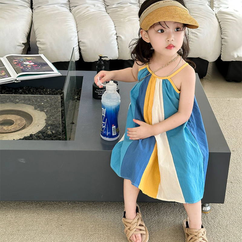 Dễ thương bé gái cầu vồng màu sọc sling dress trẻ em đáng yêu cô gái không tay váy cotton mùa hè