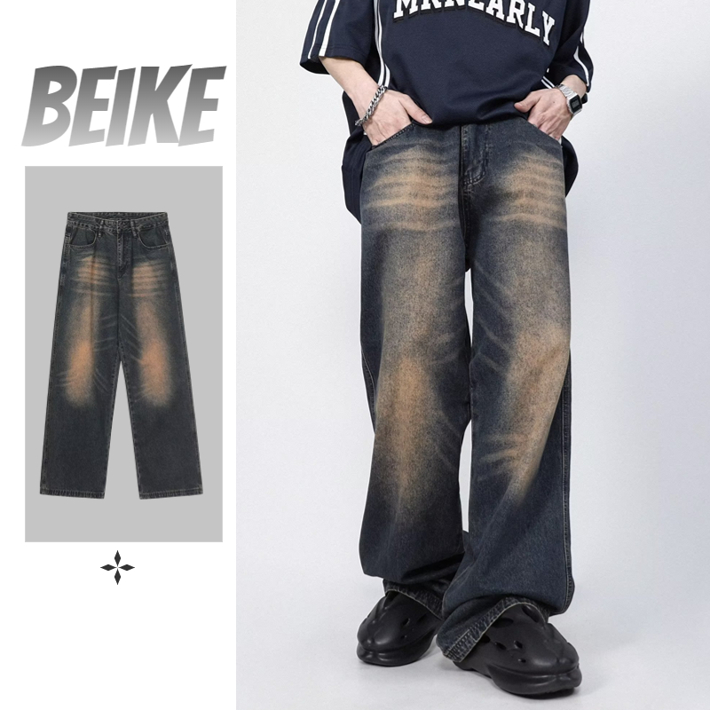 American high street ins washed-out vintage high sense quần jean mùa hè nam giới hợp thời trang thương hiệu lỏng thẳng quần đơn giản những người yêu thích hoang dã