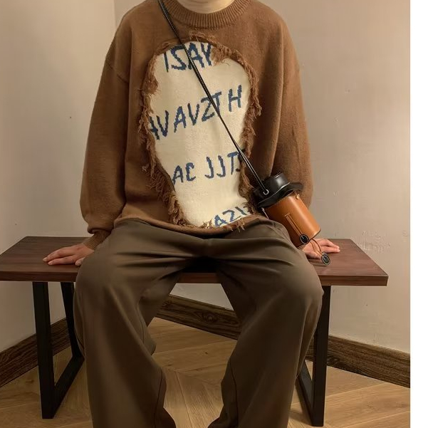 2023 Áo sweater cổ tròn nam dáng rộng phối rách phong cách Hàn Quốc thời trang mùa thu nhiều màu tùy chọn cho nam thời trang thu đông cho cặp đôi
