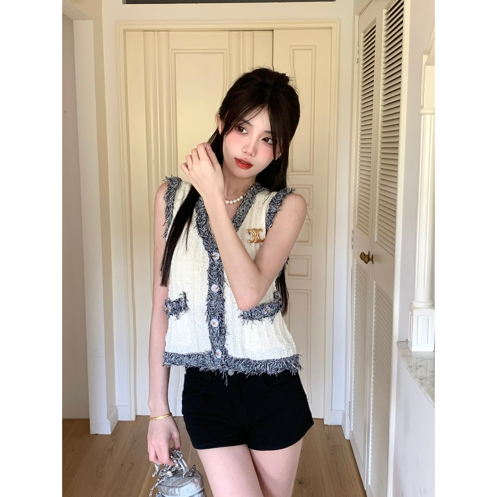 Áo croptop cardigan XIAOZHAINV không tay dệt kim tua rua khí chất Hàn Quốc mùa hè cho nữ