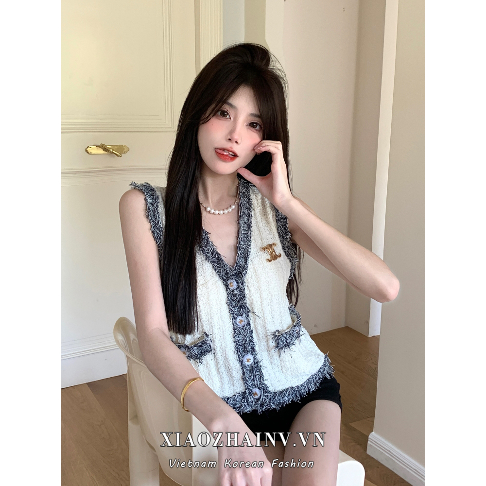Áo croptop cardigan XIAOZHAINV không tay dệt kim tua rua khí chất Hàn Quốc mùa hè cho nữ