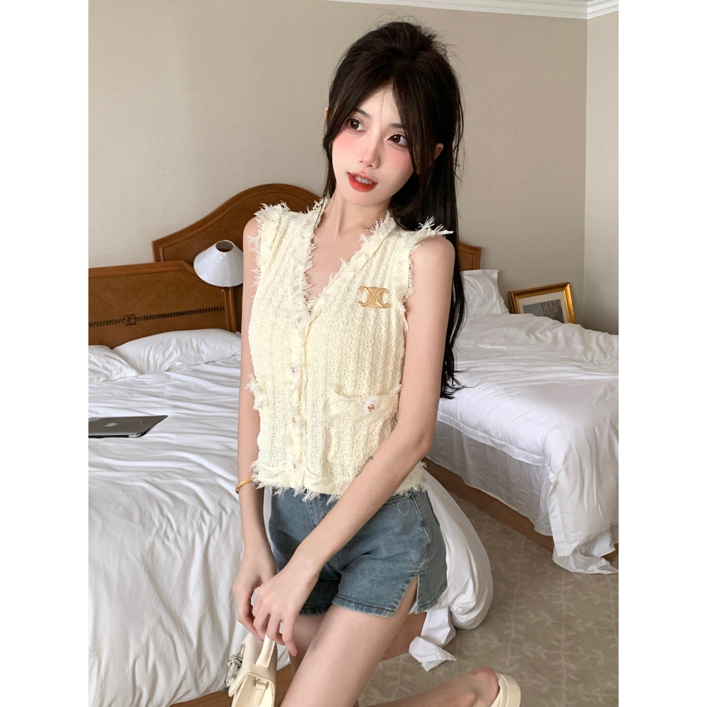 Áo croptop cardigan XIAOZHAINV không tay dệt kim tua rua khí chất Hàn Quốc mùa hè cho nữ