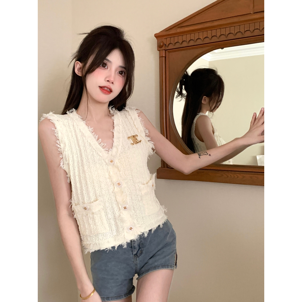 Áo croptop cardigan XIAOZHAINV không tay dệt kim tua rua khí chất Hàn Quốc mùa hè cho nữ