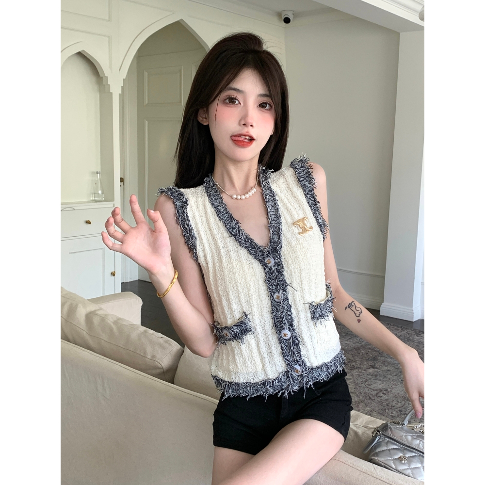 Áo croptop cardigan XIAOZHAINV không tay dệt kim tua rua khí chất Hàn Quốc mùa hè cho nữ