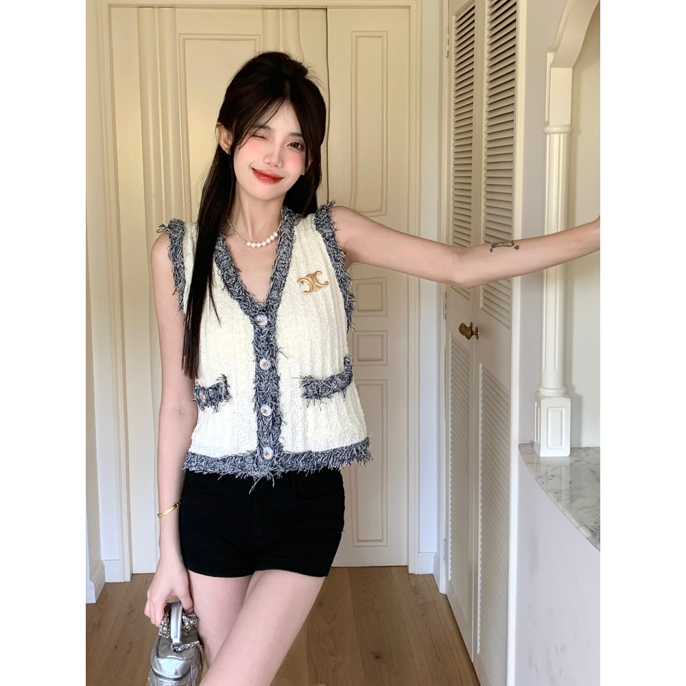 Áo croptop cardigan XIAOZHAINV không tay dệt kim tua rua khí chất Hàn Quốc mùa hè cho nữ
