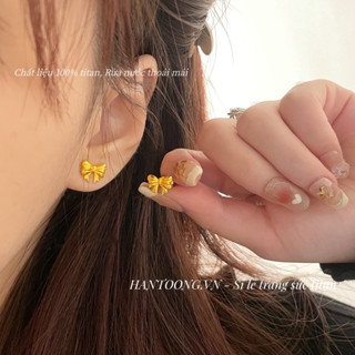  Khuyên tai titan nữ không gỉ mạ vàng 18k thiết kế hình nơ xinh xắn phong cách ngọt ngào dễ thương 