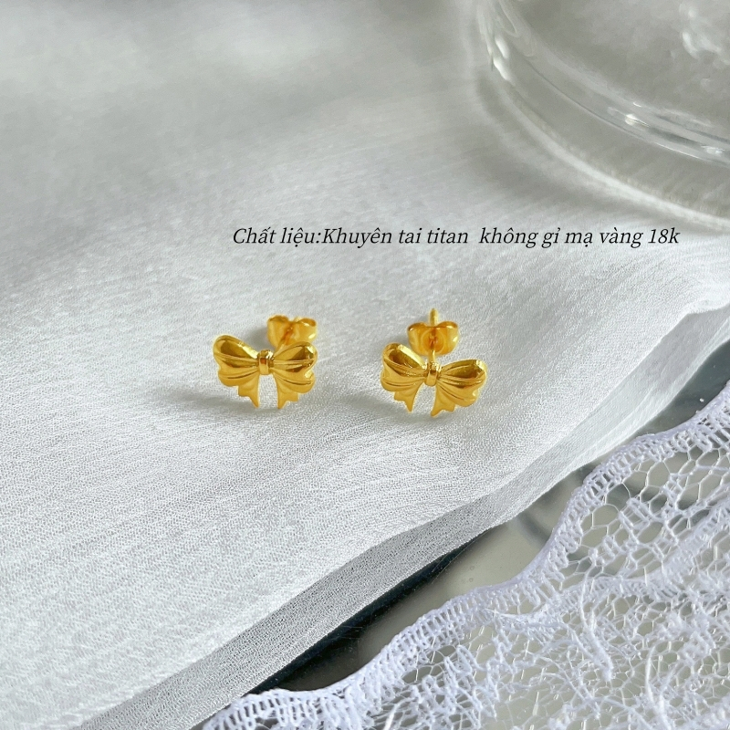 Khuyên tai titan nữ không gỉ mạ vàng 18k thiết kế hình nơ xinh xắn phong cách ngọt ngào dễ thương