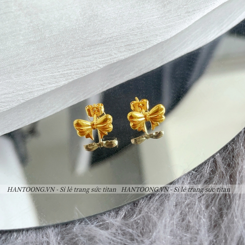 Khuyên tai titan nữ không gỉ mạ vàng 18k thiết kế hình nơ xinh xắn phong cách ngọt ngào dễ thương
