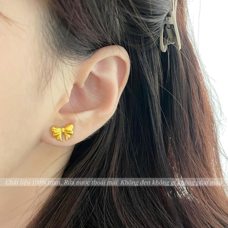 Khuyên tai titan nữ không gỉ mạ vàng 18k thiết kế hình nơ xinh xắn phong cách ngọt ngào dễ thương