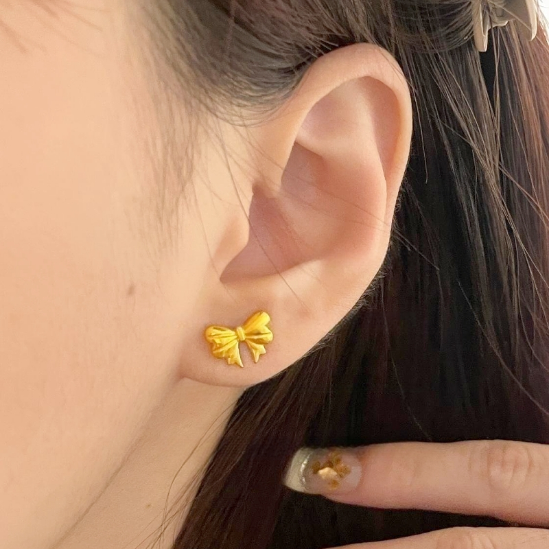 Khuyên tai titan nữ không gỉ mạ vàng 18k thiết kế hình nơ xinh xắn phong cách ngọt ngào dễ thương