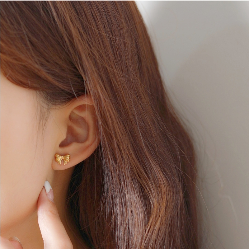 Khuyên tai titan nữ không gỉ mạ vàng 18k thiết kế hình nơ xinh xắn phong cách ngọt ngào dễ thương