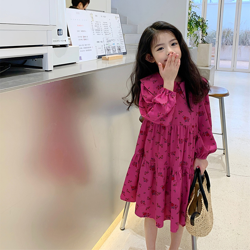 Ngọt ngào bé gái in hoa búp bê cổ áo bông dài tay váy công chúa