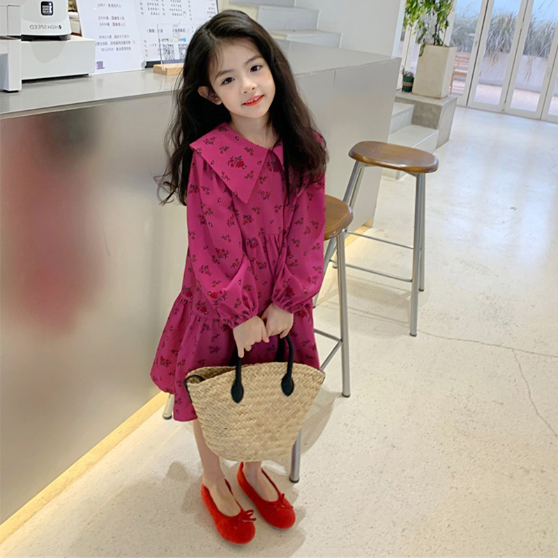 Ngọt ngào bé gái in hoa búp bê cổ áo bông dài tay váy công chúa