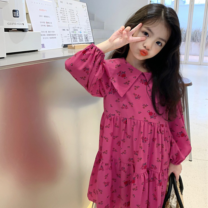 Ngọt ngào bé gái in hoa búp bê cổ áo bông dài tay váy công chúa