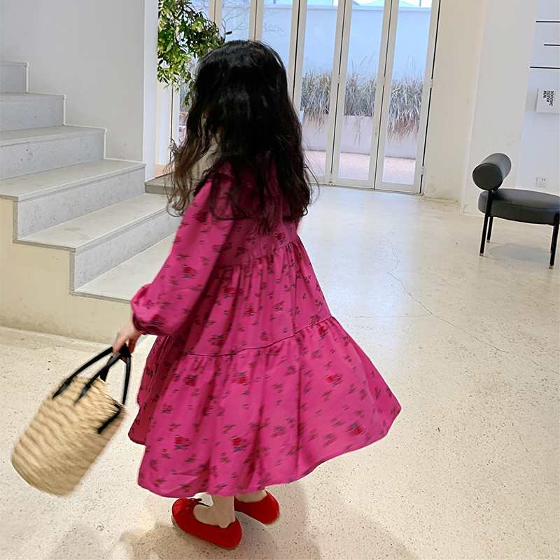 Ngọt ngào bé gái in hoa búp bê cổ áo bông dài tay váy công chúa