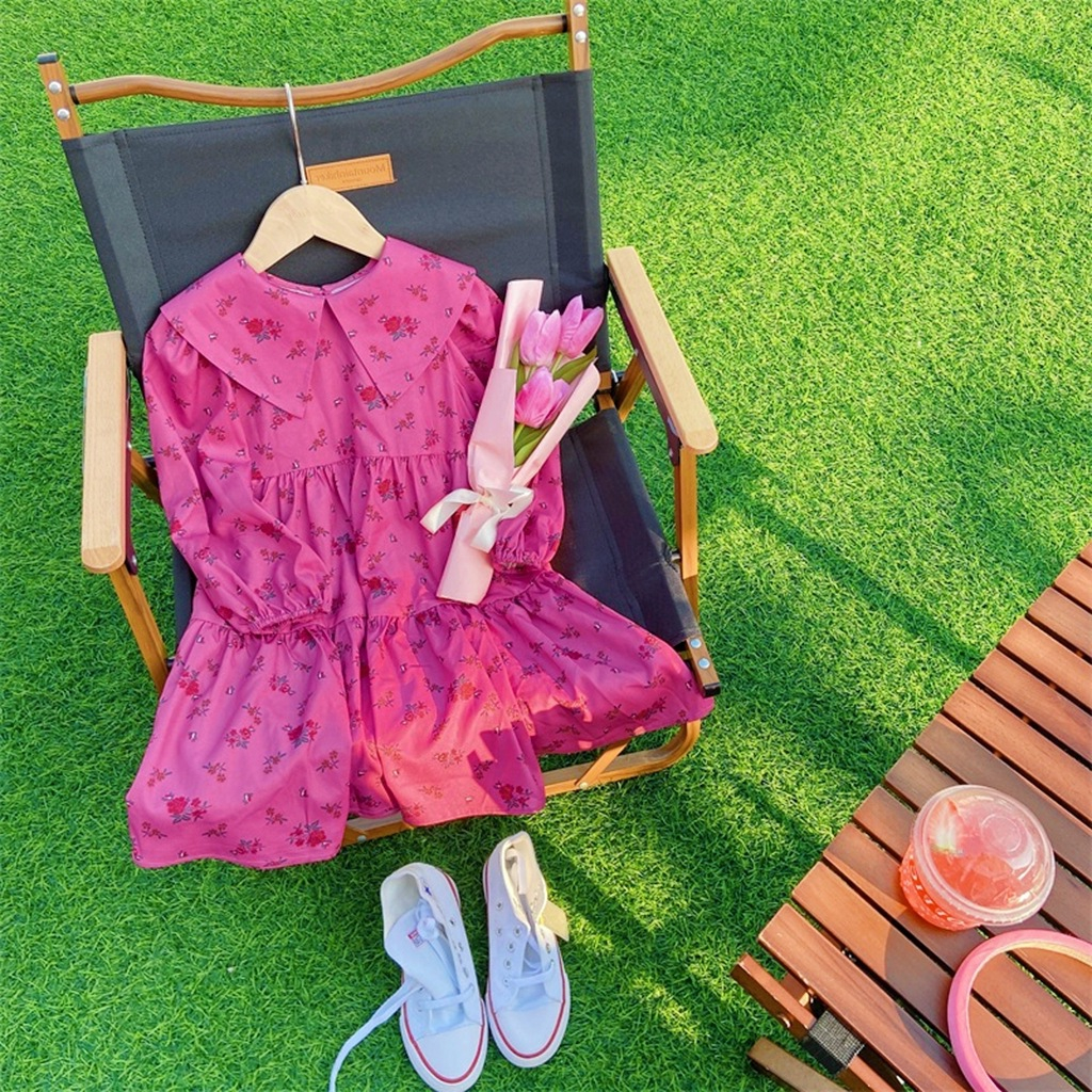 Ngọt ngào bé gái in hoa búp bê cổ áo bông dài tay váy công chúa