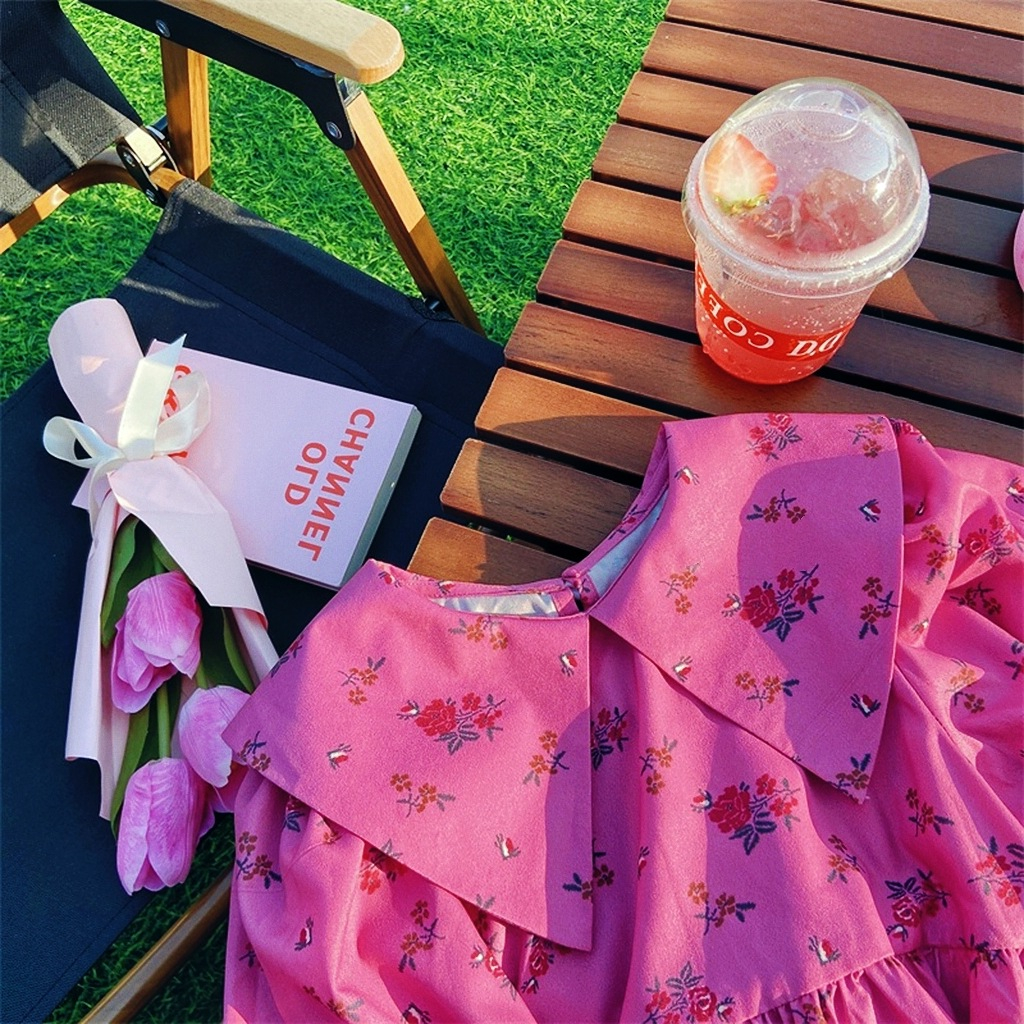 Ngọt ngào bé gái in hoa búp bê cổ áo bông dài tay váy công chúa