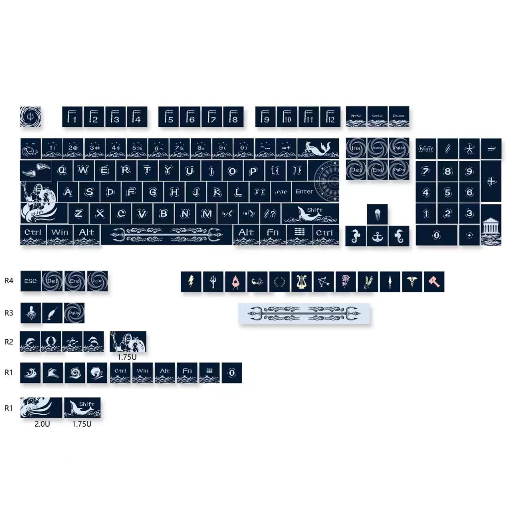 141 Phím Poseidon Keycaps Cherry PBT Năm mặt thăng hoa nhiệt Keycap Phù hợp 61/68/75/84/87/96/98/104/108