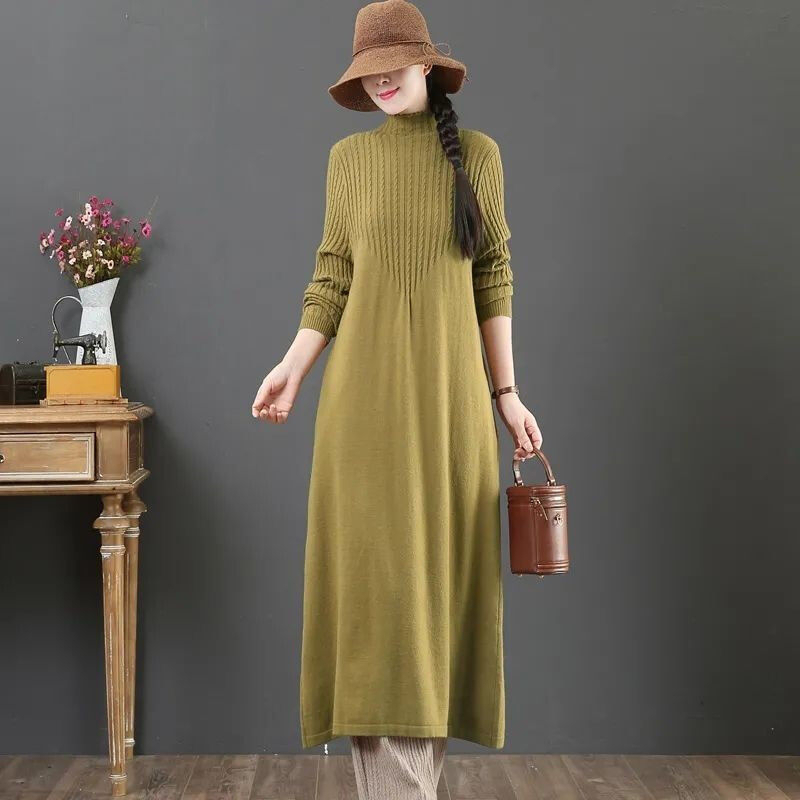 Size Lớn Áo Len Nữ & Váy Dệt Kim Nguồn Bán Hàng Trực Tiếp Xuân Thu Đông Đầm Dệt Kim Nữ Bên Trong Phù Hợp Với Áo Nửa Cổ Cao Trên Đầu Gối Váy Giữa @ -