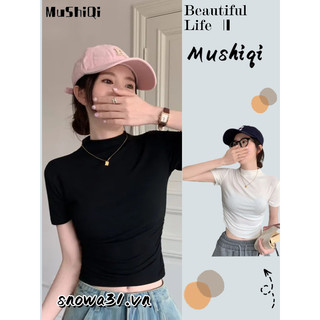 Áo thun body MUSHIQI tay ngắn nửa cổ cao phong cách niche mới cho nữ