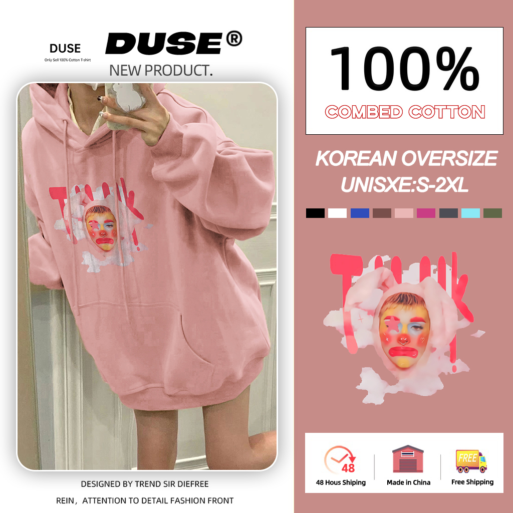「DUSE」American-style pink oversized hoodie with a hood for women thin and stylish for spring and autumn with a "clown" print on the top