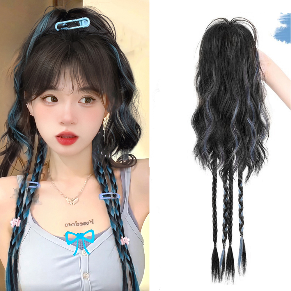 Sweet highlight braid curly high ponytail grab wig dopamine girl blue dyeing water ripple twists braid phụ kiện tóc