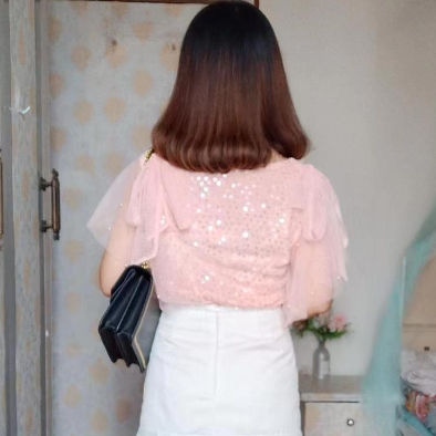 Áo Sơ Mi Chiffon Tay Ngắn Cổ Chữ v Phối Ren Đính Kim Sa Lấp Lánh Thời Trang Mùa Hè Cho Nữ