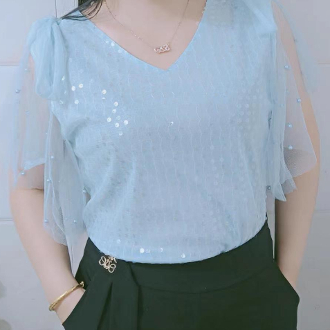 Áo Sơ Mi Chiffon Tay Ngắn Cổ Chữ v Phối Ren Đính Kim Sa Lấp Lánh Thời Trang Mùa Hè Cho Nữ