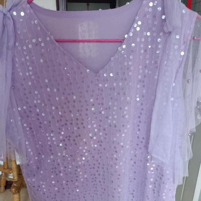 Áo Sơ Mi Chiffon Tay Ngắn Cổ Chữ v Phối Ren Đính Kim Sa Lấp Lánh Thời Trang Mùa Hè Cho Nữ