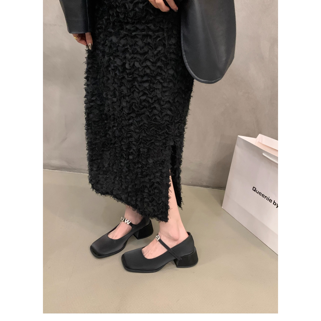 Giày Cao Gót Da Mũi Vuông Màu Đen Phong Cách Anh Quốc Thời Trang Mùa Hè 2023 Cho Nữ