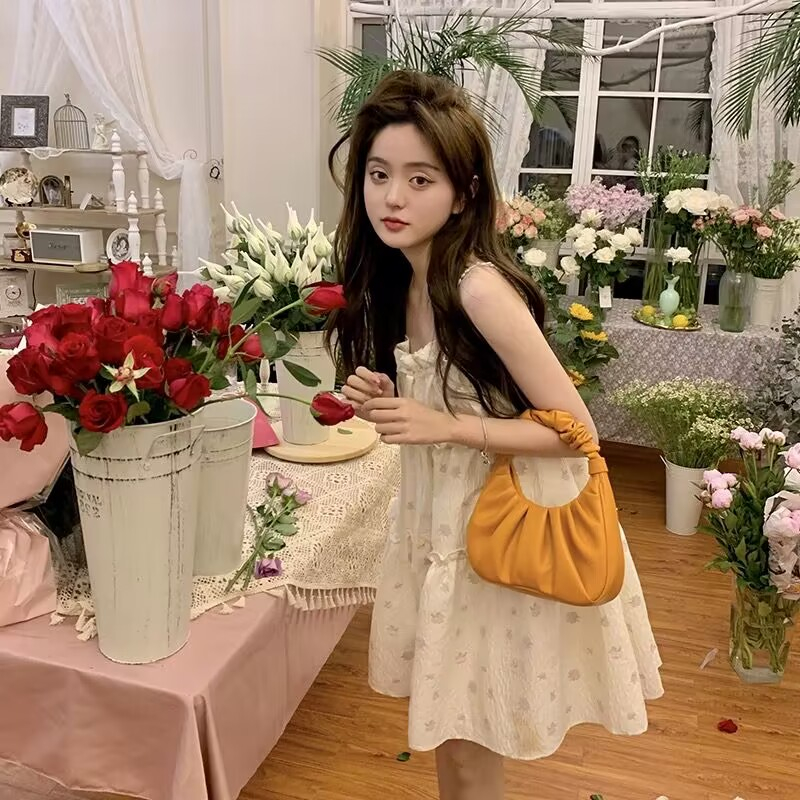 Ruo Bei  Xuan   Đầm Hai Dây Mùa Hè Đính Ngọc Trai Phong Cách Pháp Nhẹ Nhàng Kiểu Dáng Hợp Thời Trang Cho Nữ