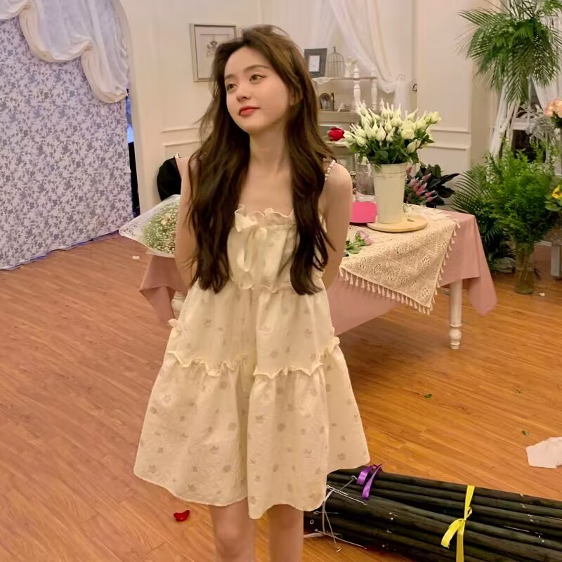 Ruo Bei  Xuan   Đầm Hai Dây Mùa Hè Đính Ngọc Trai Phong Cách Pháp Nhẹ Nhàng Kiểu Dáng Hợp Thời Trang Cho Nữ