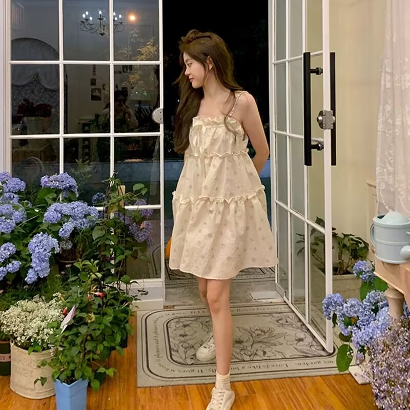 Ruo Bei  Xuan   Đầm Hai Dây Mùa Hè Đính Ngọc Trai Phong Cách Pháp Nhẹ Nhàng Kiểu Dáng Hợp Thời Trang Cho Nữ