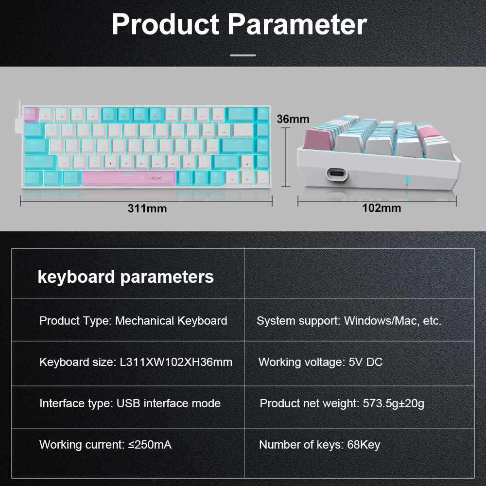 E-yooso z686 bàn phím chơi game cơ mini usb 60% màu xanh lam công tắc màu đỏ 68 phím cáp có thể tháo rời có dây cho pc máy tính