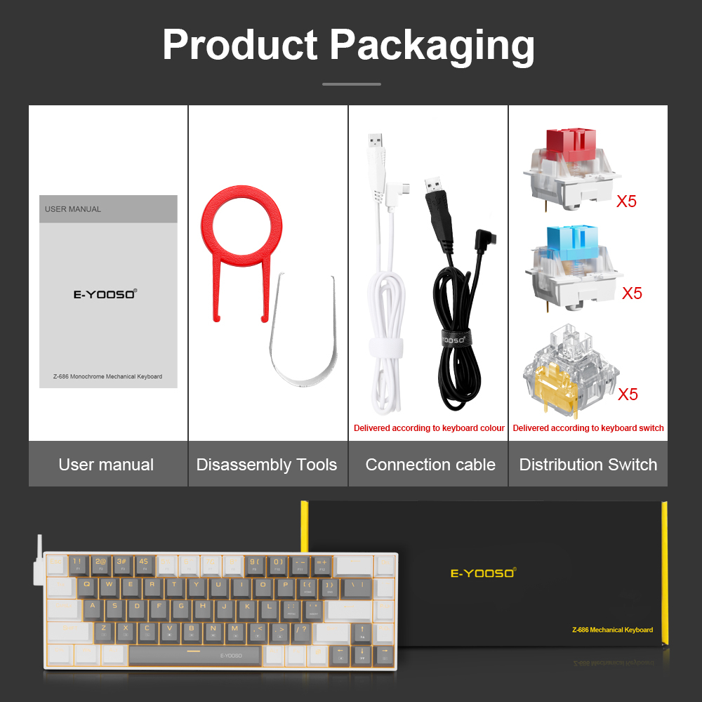 E-yooso z686 bàn phím chơi game cơ mini usb 60% màu xanh lam công tắc màu đỏ 68 phím cáp có thể tháo rời có dây cho pc máy tính