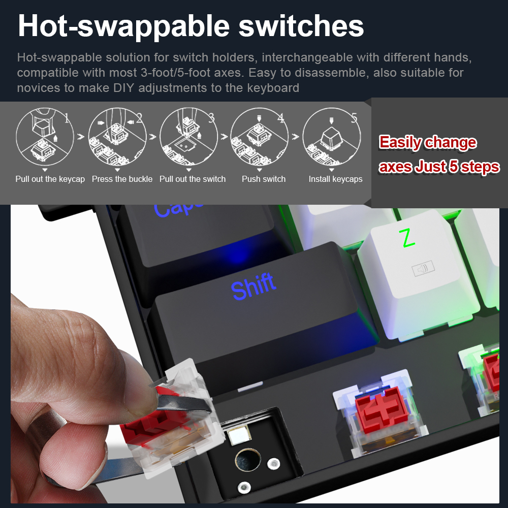 E-yooso z686 bàn phím chơi game cơ mini usb 60% màu xanh lam công tắc màu đỏ 68 phím cáp có thể tháo rời có dây cho pc máy tính