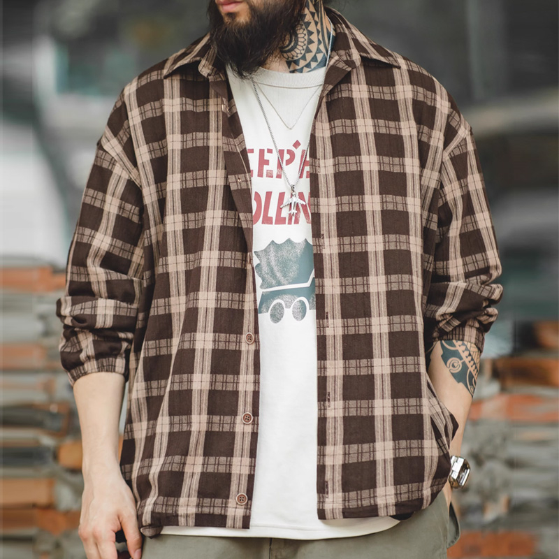 Áo Sơ Mi Tay Dài Dáng Rộng Sọc Ca Rô Màu Cà Phê Phối Dây Rút Thời Trang Retro Nhật Bản Cá Tính Cho