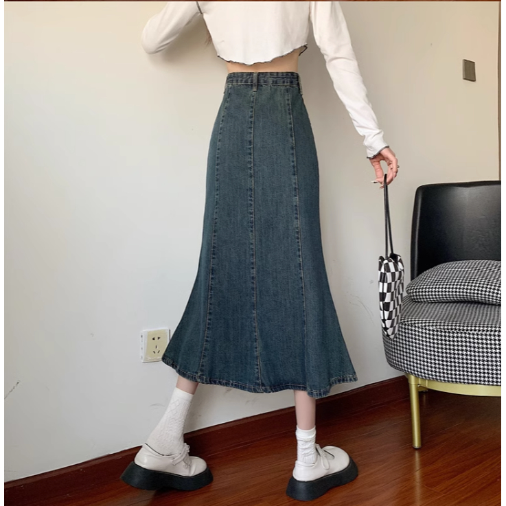 Đầm Đuôi Cá Denim Kẻ Sọc Thời Trang Mùa Thu 2023 Phong Cách Hàn Quốc Mới