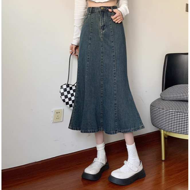 Đầm Đuôi Cá Denim Kẻ Sọc Thời Trang Mùa Thu 2023 Phong Cách Hàn Quốc Mới
