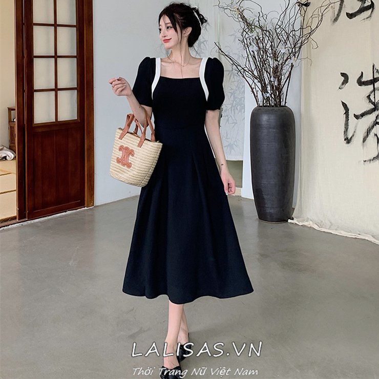 Lalisas phiên bản hàn quốc của phong cách hepburn thời trang cổ vuông bong bóng tay áo giảm béo váy đen cho phụ nữ
