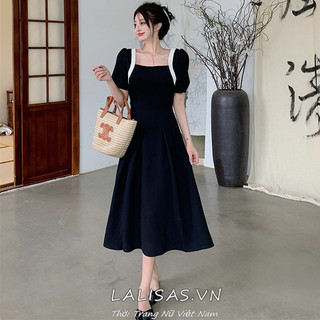 Lalisas phiên bản hàn quốc của phong cách hepburn thời trang cổ vuông bong bóng tay áo giảm béo váy đen cho phụ nữ