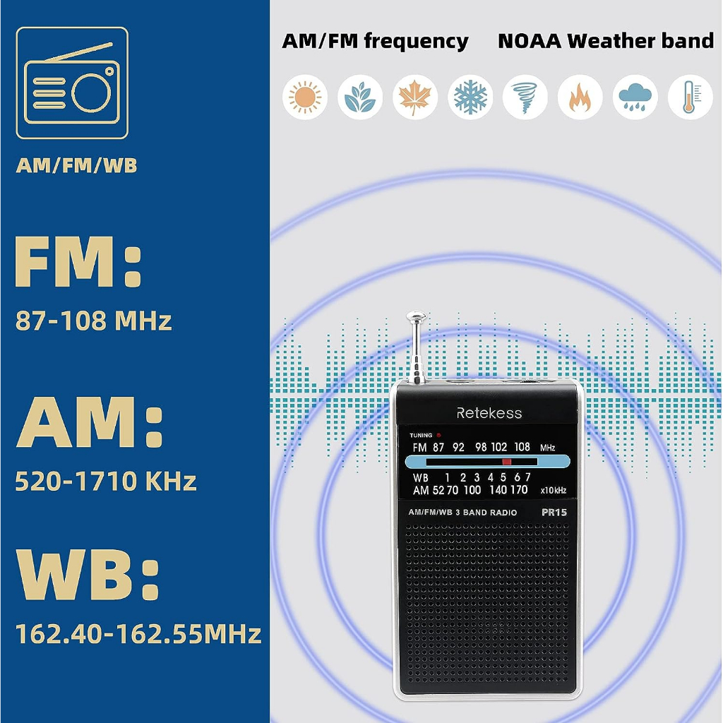 Đầu máy Radio RETEKESS PR15 FM AM NOAA kiểu dáng mini cầm tay có cảnh báo thời tiết chuyên dụng