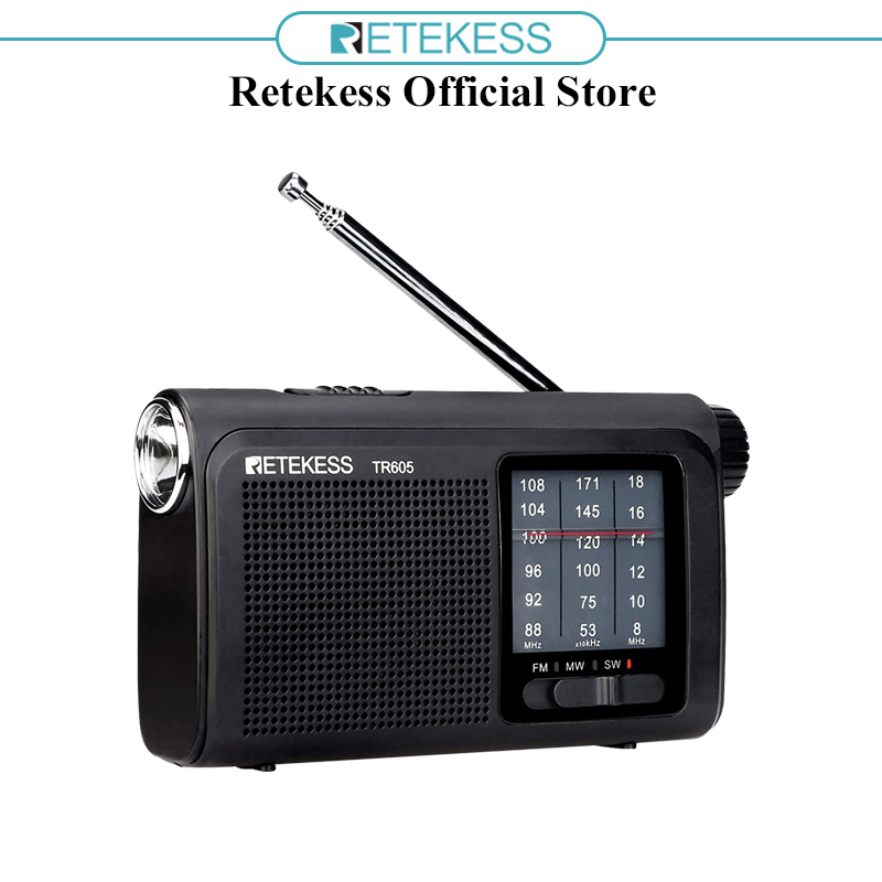 Retekess TR605 Pin Sạc Tích Hợp Đài FM SW Có Đèn Led Và Jack Cắm Tai Nghe (Màu Đen)