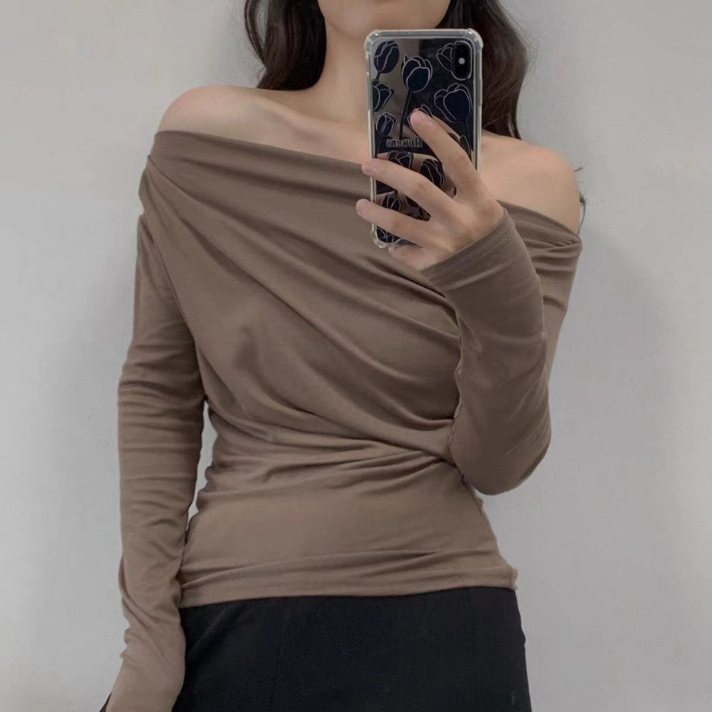 Áo Thun cotton Tay Dài Trễ Vai Thời Trang Cho Nữ