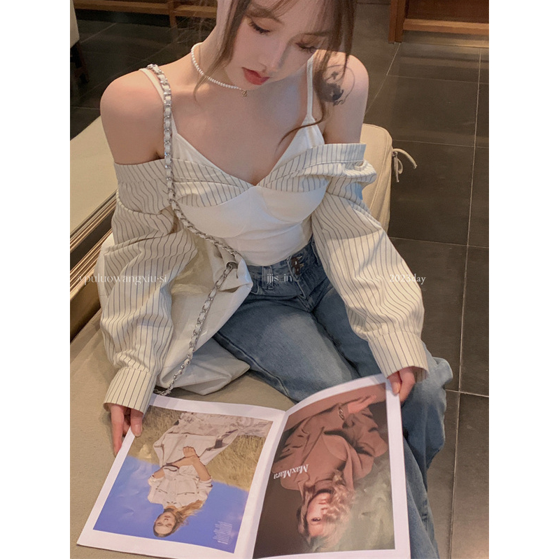 「SSUNIA」Áo sơ mi cổ v- sọc gợi cảm cho phụ nữ áo trễ vai ngắn dài tay màu be cắt trên